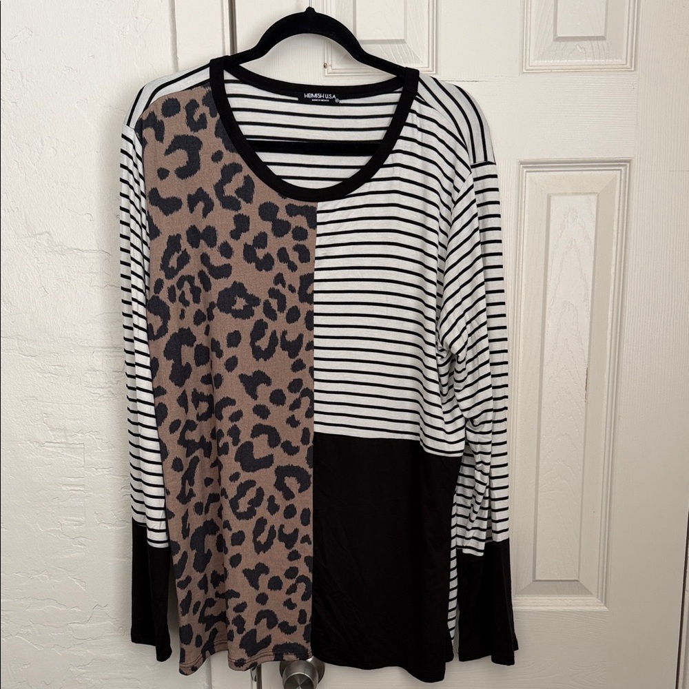 HEIMISH USA Mixed-Print Long Sleeve Top in Black, White & Animal Print